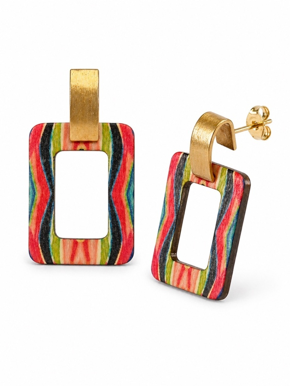 Boho Wood Striped Rectangle Drop Earrings Gold Tone Statement 2.75”